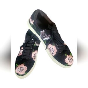 Rebecca Minkoff Bleecker Black Pink Floral Embroidered Low Top Suede Sneakers
